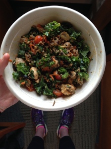 Yesterday's KILLER salad from Sweetgreen: wild rice + kale + chicken + caramelized onions + roasted mushrooms + cherry tomatoes + carrots + hummus + lemon squeeze.  